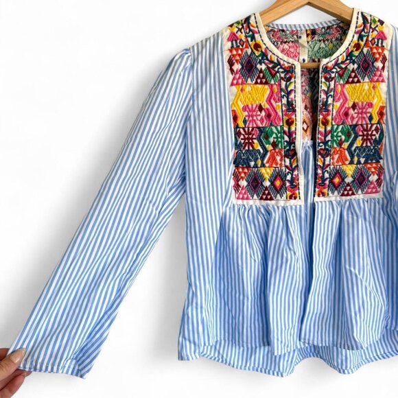 ROUSS BLUE WHITE STRIPED EMBROIDERED STRUCTURED CARDIGAN TOP BLOUSE WOMENS SIZE - Picture 3 of 7